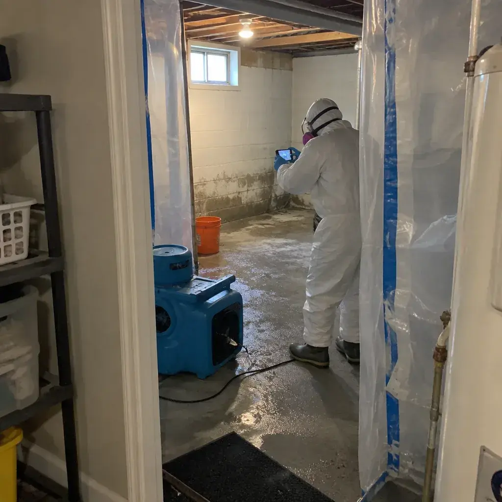 A sewer backup and cleanup in Everett being checked over